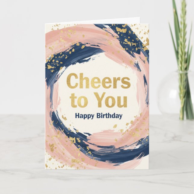 Carte Moderne Chic Navy et éclaboussures d'or rose Anniv (Devant)