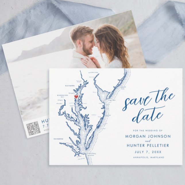 Carte moderne d'Annapolis Chesapeake Bay pour mari (Modern Annapolis Maryland Save the Date with photo and QR code in minimalist navy blue )