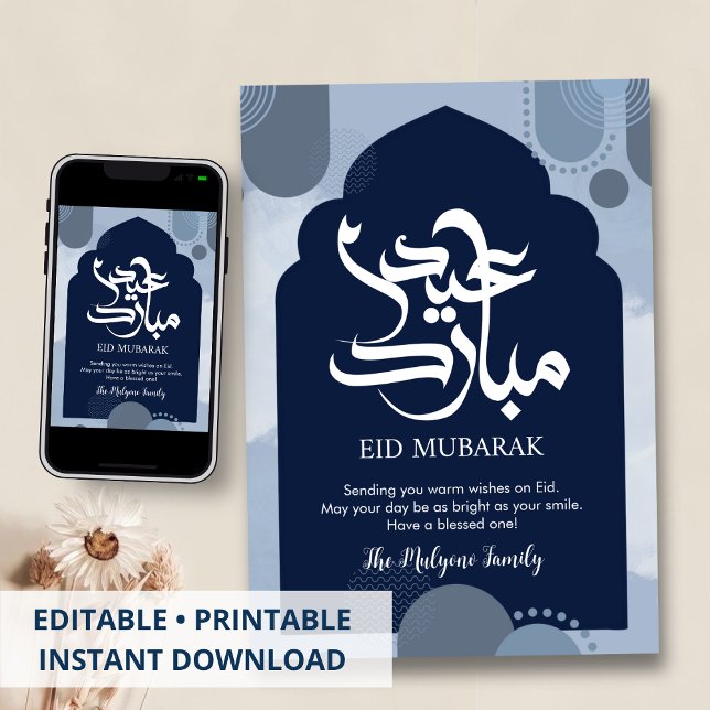 Carte moderne de Eid Mubarak bleu avec motif islam (Créateur téléchargé)