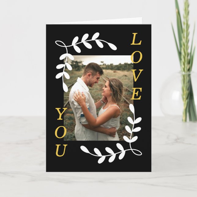 Carte Moderne Feuille Wreath Love You Photo Black Valent (Devant)