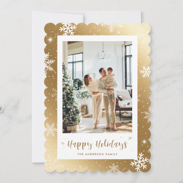 Carte moderne Gold Snowflake Photo Happy Holidays  (Devant)