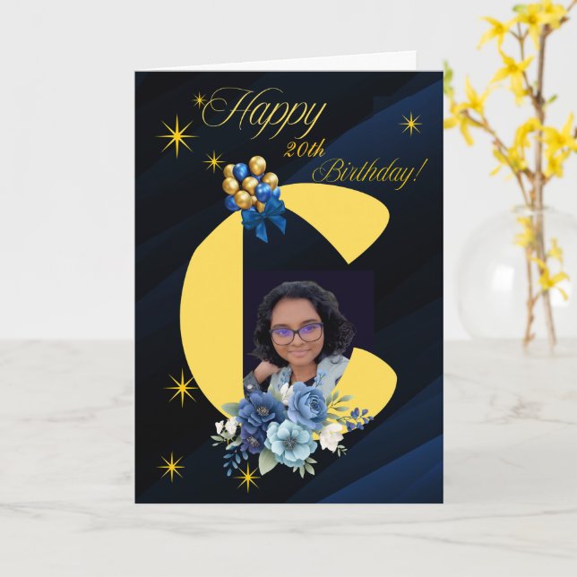 Carte Moderne Navy & Or Initiale "C" Photo 20e Anniversa (Fleur jaune)
