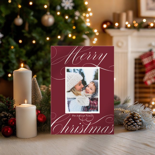 Carte Moderne Photo de Noël Rouge Joyeux écriture Élégan (Créateur téléchargé)