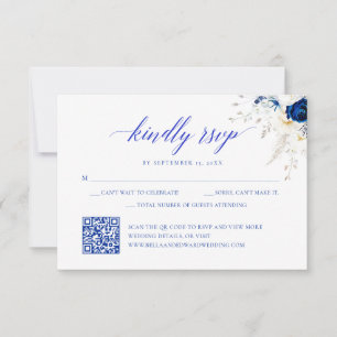 Carte moderne Royal Blue Floral Mariage QR Code RS
