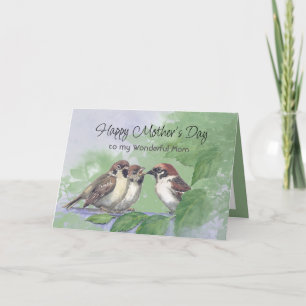 Carte Moineau mère aquarelle nourrissant des poussins