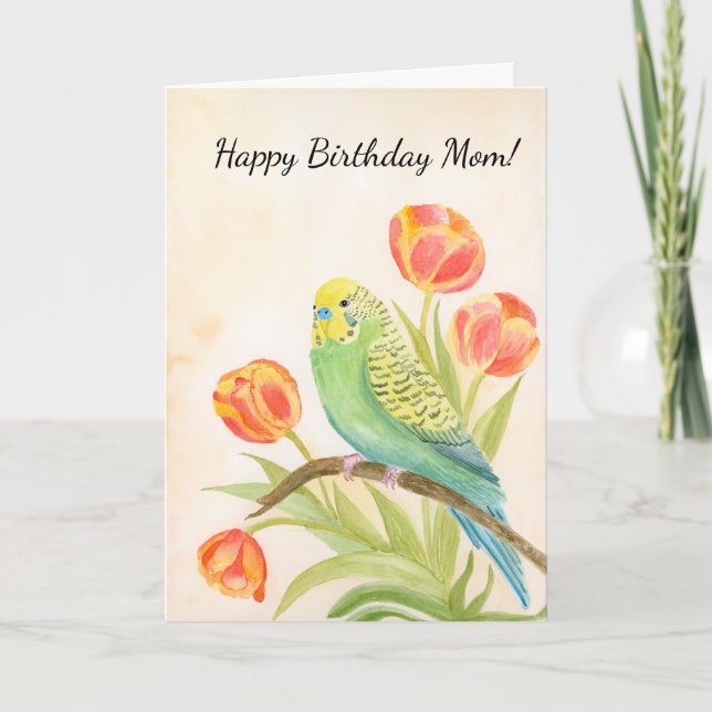 Carte Mom Happy Birthday Parakeet with Tulips (Devant)
