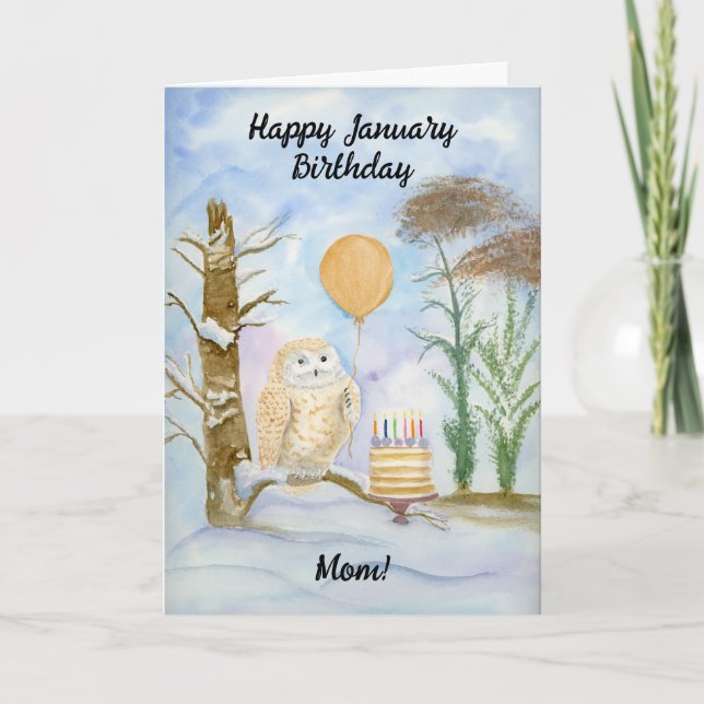 Carte Mom Happy January Birthday Owl Cake (Devant)
