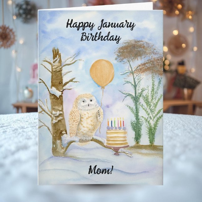 Carte Mom Happy January Birthday Owl Cake (Créateur téléchargé)