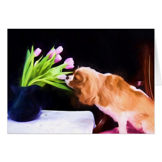 Carte Moment Tendre Cavalier King Charles & Tulipe (Devant horizontal)