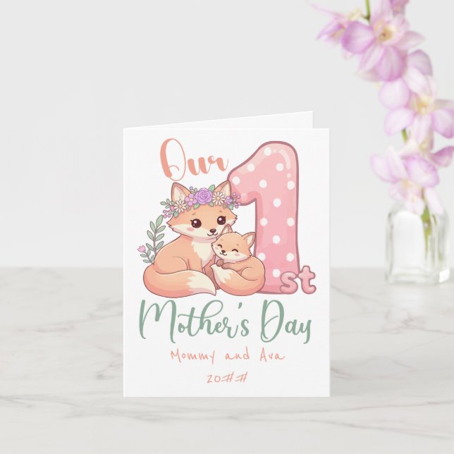 Carte Mommy and Baby Fox Pink 1st Mothers Day (Orchidée)