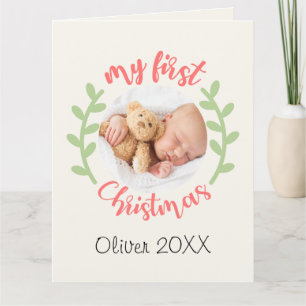 Carte Mon 1er Noël Baby Name PHOTO Wreath Holiday