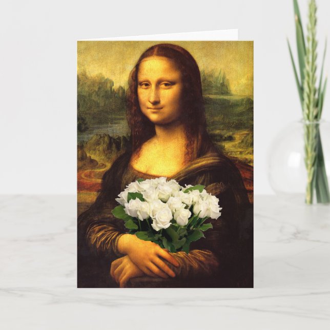 Carte Mona Lisa Avec Bouquet De Roses Blanches (Devant)