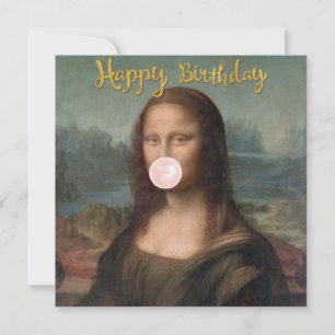 Carte Mona Lisa soufflant un bubble gum rose