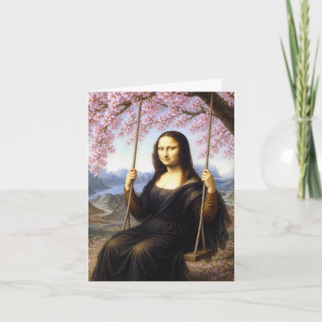 Carte Mona Lisa sur une balançoire sous les fleurs de ce (Devant)