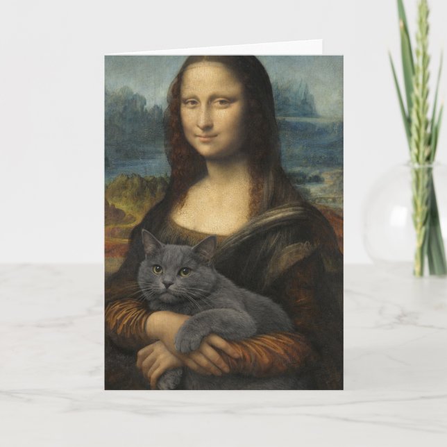 Carte Mona Lisa tenant un élégant chat gris              (Devant)