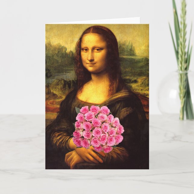 Carte Mona Lisa With Bouquet Of Pink Roses (Devant)