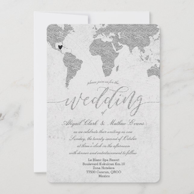 Carte Mondiale Argent Destination Mariage Invitati (Devant)