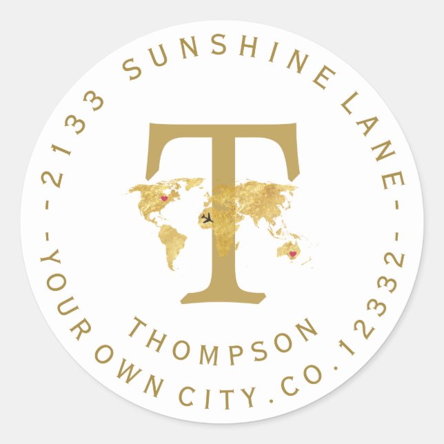 Carte Mondiale Or Monogramme Étiquette de adresse  (Devant)