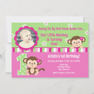 Carte Monkey Girl 1er Anniversaire Invitation 5x7
