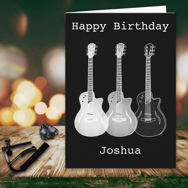 Carte Monochrome Art Musique Guitare électrique Nom Josh (Cool electric guitar Happy birthday black and white personalized music themed greetings card )