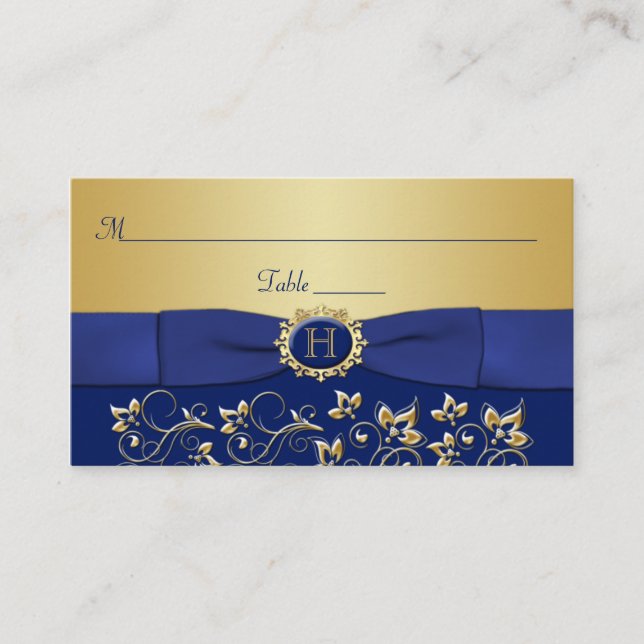 Carte Monogram Blue Gold Floral Place (Devant)
