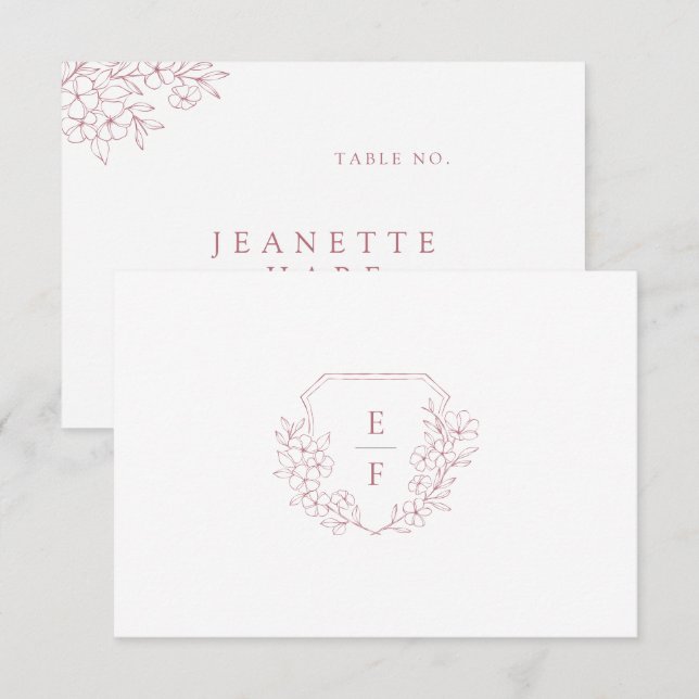 Carte Monogram Crest Simple Rose Cherry Blossom (Devant / Derrière)