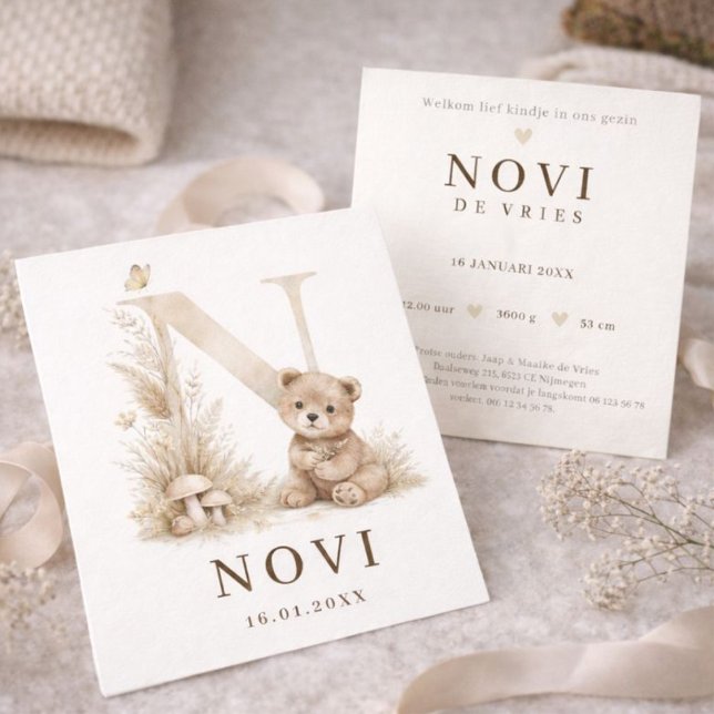 Carte Monogram N Beer Neutraal Woodland Geboortekaartje (Créateur téléchargé)