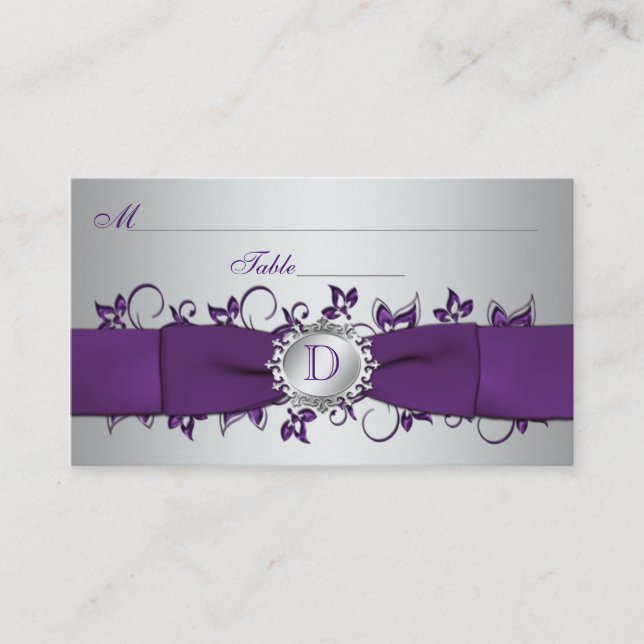 Carte Monogram Purple Silver Floral Place (Devant)