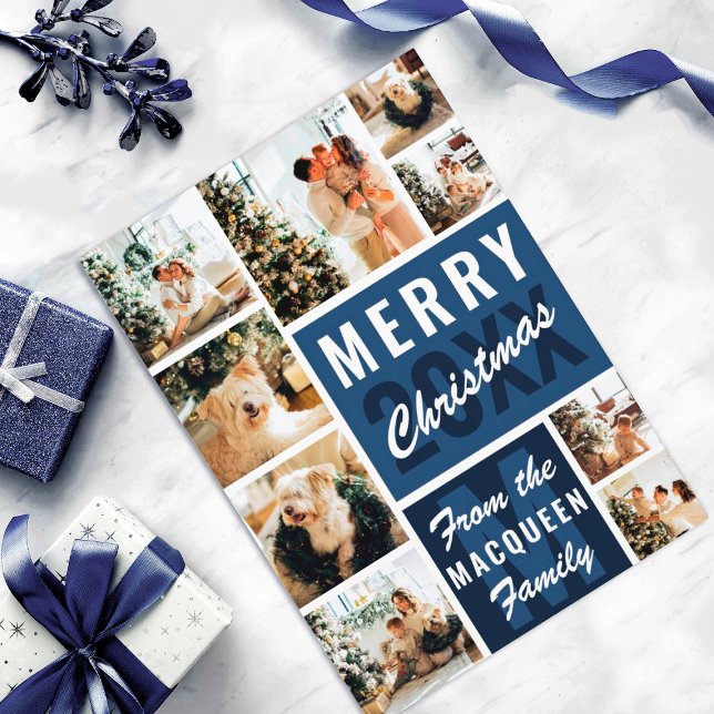 Carte Monogramme bleu Famille Photo Collage Noël (Créateur téléchargé)