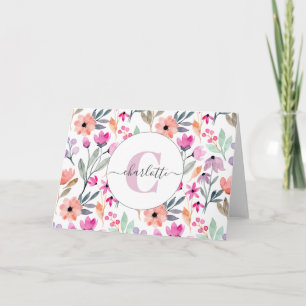 Carte Monogramme de fleurs aquarelles pastel mignonnes