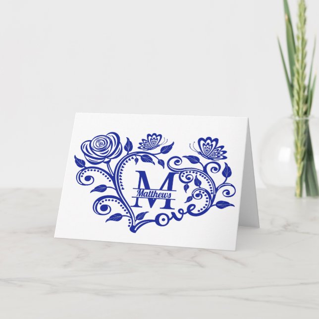 Carte Monogramme floral bleu marine personnalisé M (Devant)