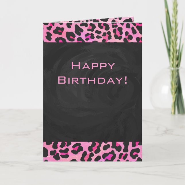 Carte Monogramme Leopard noir et rose chaud (Devant)