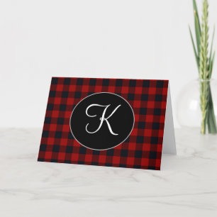 Carte Monogramme personnalisé carreau de buffle rouge et