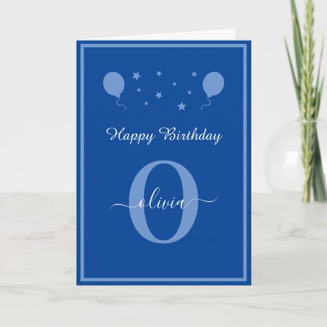 Carte Monogramme Script Joyeux Anniversaire Bleu Et Blan (Devant)