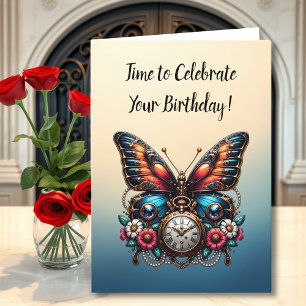 Carte Montre de poche papillon et fleurs Anniversaire