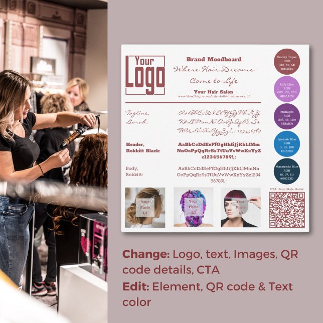 Carte Moodboard de marque salon de cheveux (Hair Stylist Brand Identity Card, Logo, Type, Impression, Brand Colors)