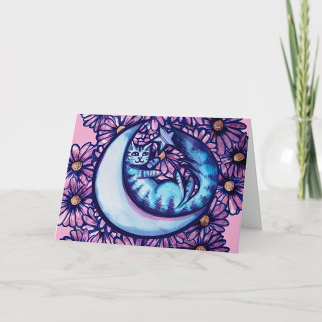 Carte Moon Cat Fleurs marguerite Mooncat art chatte chat (Devant)