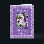 Carte Mother's birthday pansies<br><div class="desc">Greeting card for mom's 85th birthday with lace frame and foto of pansies on purple / lavender background. Personalize your message! Tarjeta postal en ingles con una foto de florecitas para el cumples de uma mama! Personalize su mensaje! (puede replazar el texto escrito) Greeting card in Spanish for mother's day...</div>