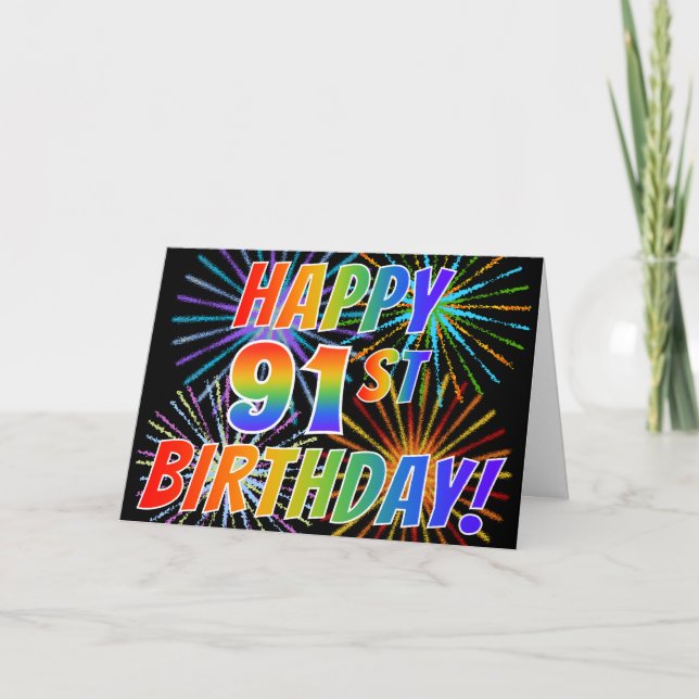 Carte Motif arc-en-ciel "HEUREUX 91ÈME ANNIVERSAIRE !" + (Devant)