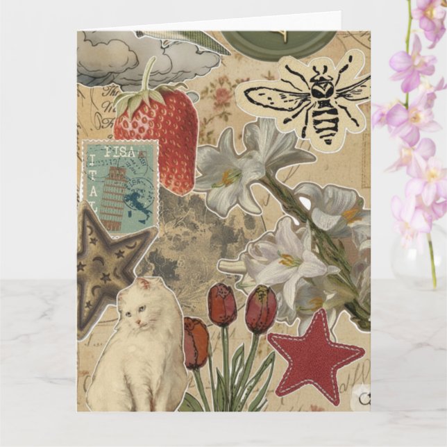 Carte Motif de collage floral de chat – Conception artis (Orchidée)