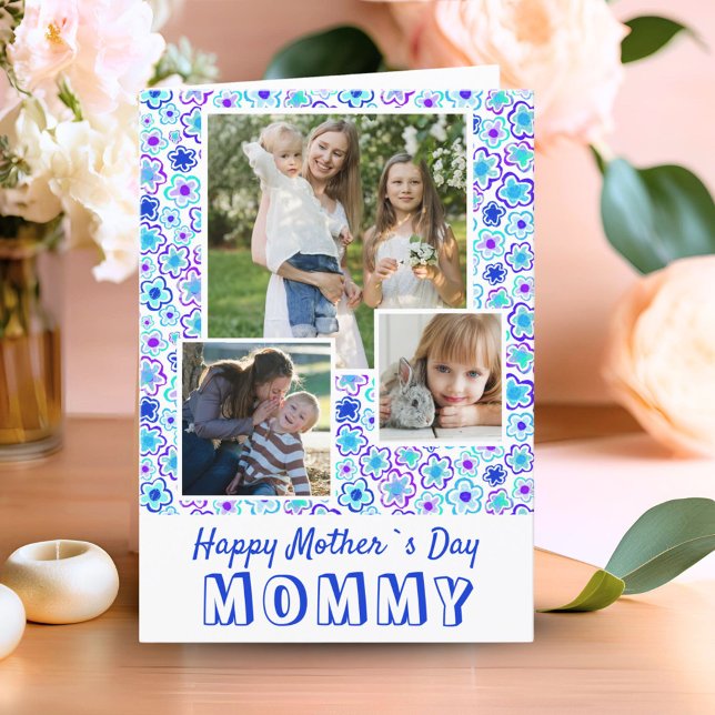 Carte Motif de fleurs bleues Joyeuse fête des mères 3 Ph (Créateur téléchargé)
