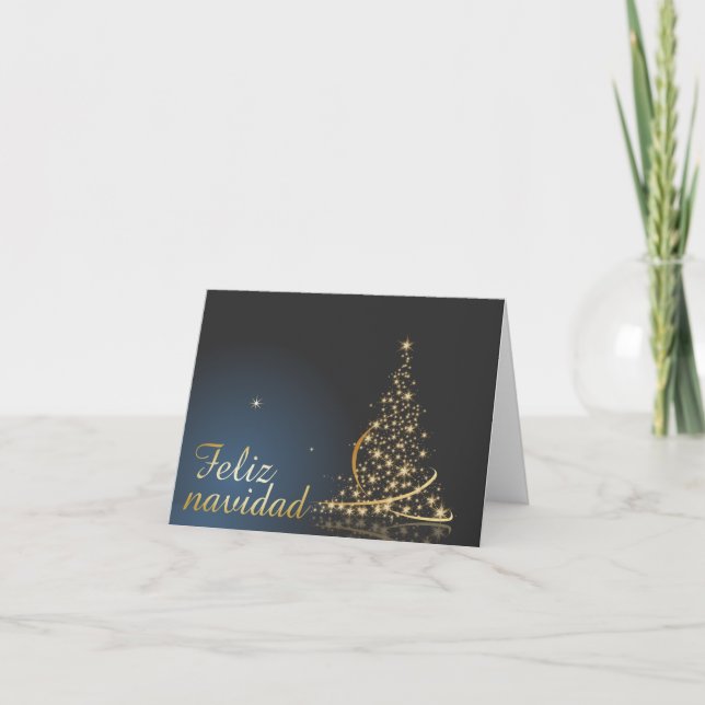 Carte Motif de Noël bleu avec arbre de Noël doré. (Devant)