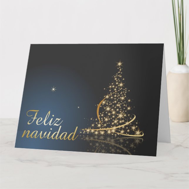 Carte Motif de Noël bleu avec arbre de Noël doré. (Devant)