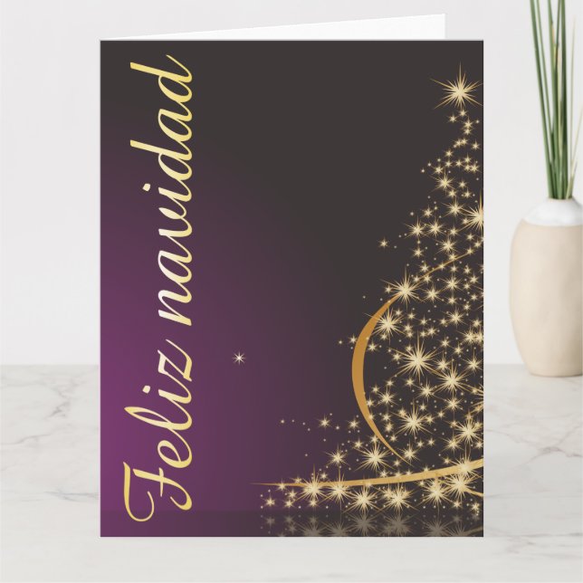 Carte Motif de Noël violet avec arbre de Noël doré (Devant)