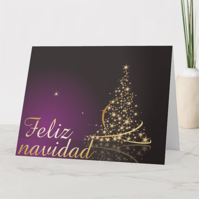 Carte Motif de Noël violet avec arbre de Noël doré (Devant)
