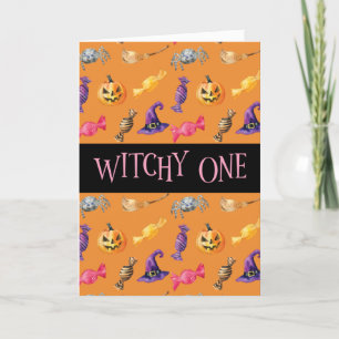 Carte motif d'Halloween orange "Witchy One"
