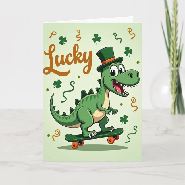 Carte motif dinosaure vert Lucky (Devant)