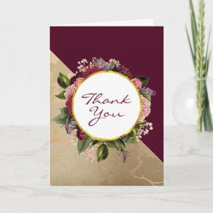 Carte Motif en marbre doré et Merci floral bordeaux