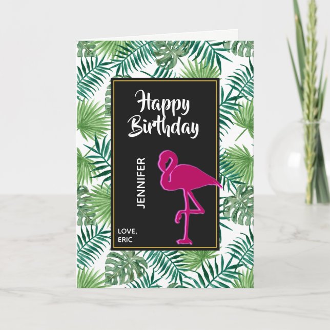 Carte Motif Feuille tropical et Flamant rose rose Annive (Devant)