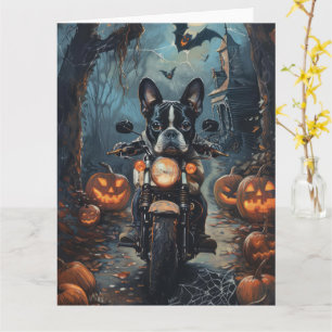Carte Moto à cheval Boston Terrier Halloween effrayant